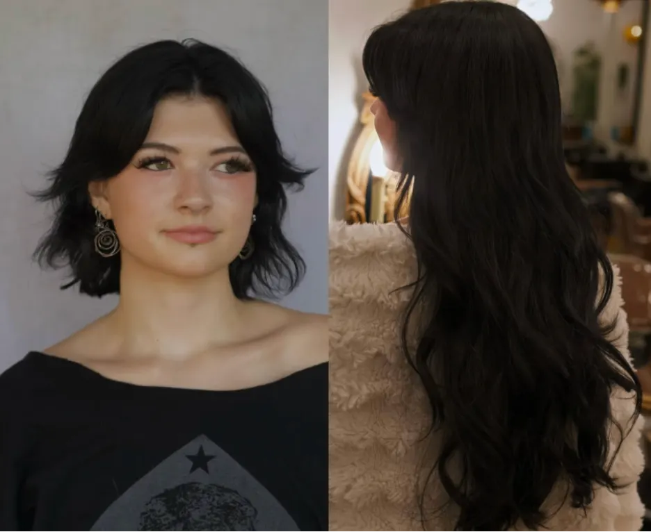 Before and after: short black shag transformed into long, dark, wavy length