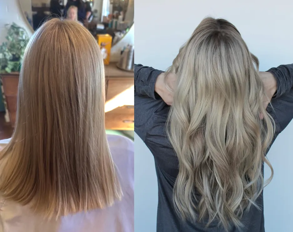 Before and after: thin blonde bob transformed into long, cascading blonde waves
