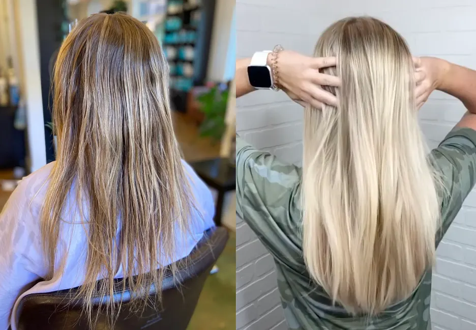 Before and after: thin, flat blonde hair transformed into long, thick, glossy blonde length