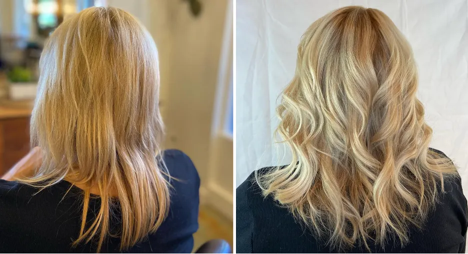 Before and after: sparse mid-length blonde hair transformed into full, long blonde waves