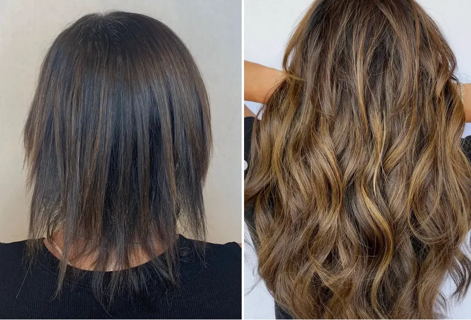 Before and after: thin, chin-length dark hair transformed into long, voluminous brunette waves with balayage