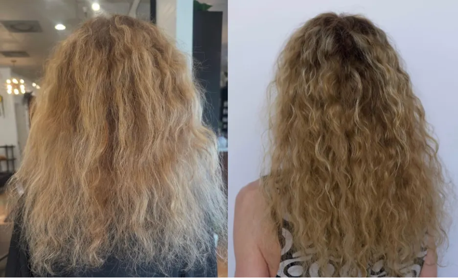 Before and after: thin, frizzy blonde curls transformed into full, defined, healthy curls