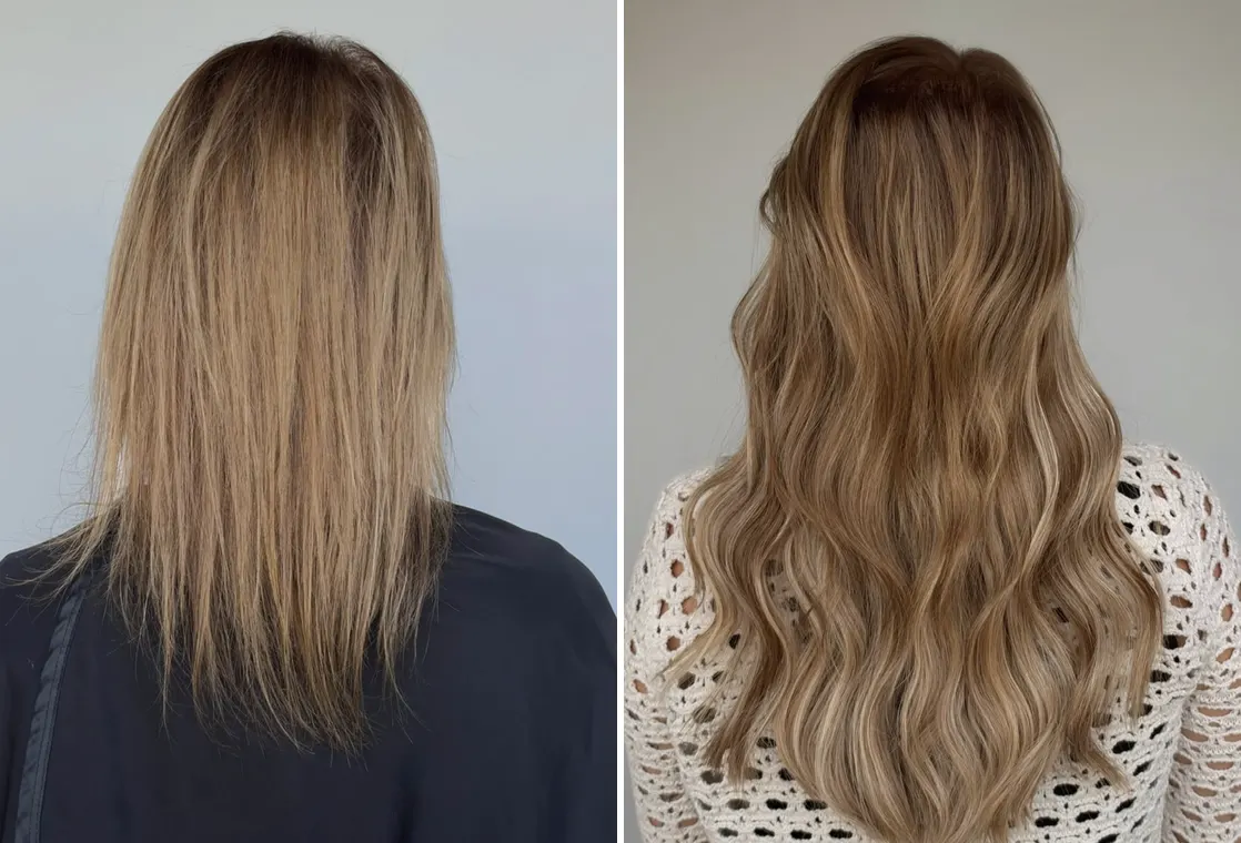 Before and after, back view: straight, thin dark blonde hair transformed into long, full honey-blonde waves