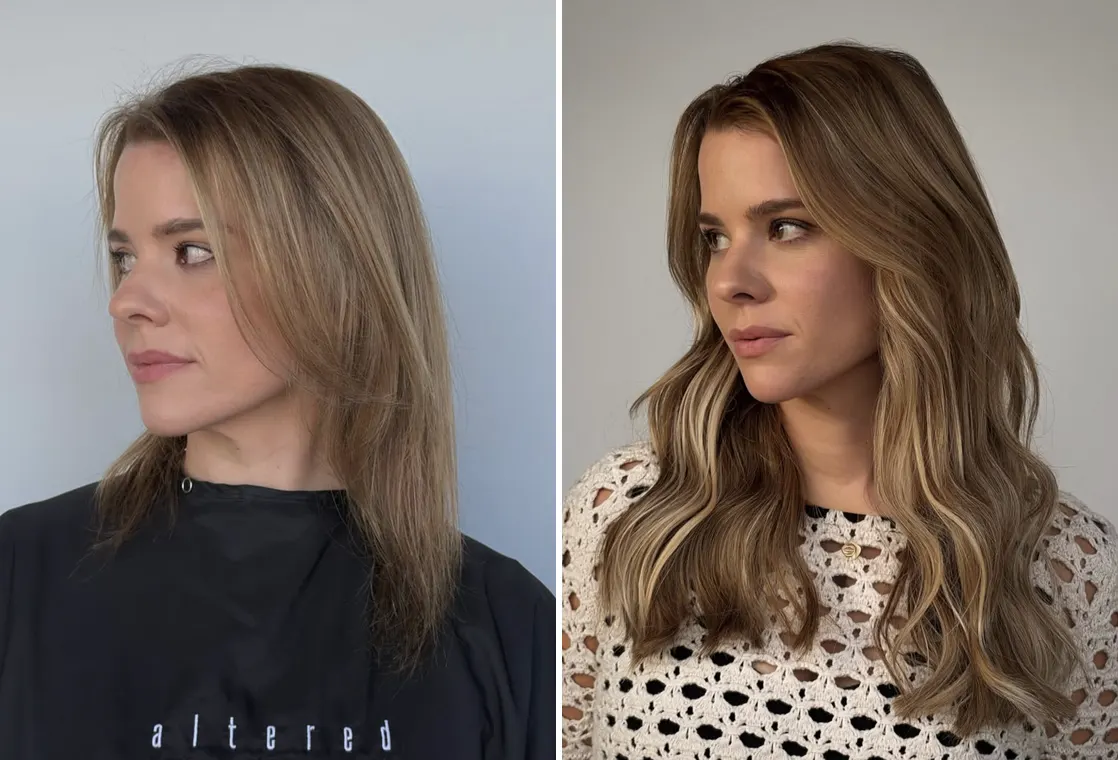 Before and after: flat, shoulder-length dark blonde hair transformed into long, dimensional honey-blonde waves