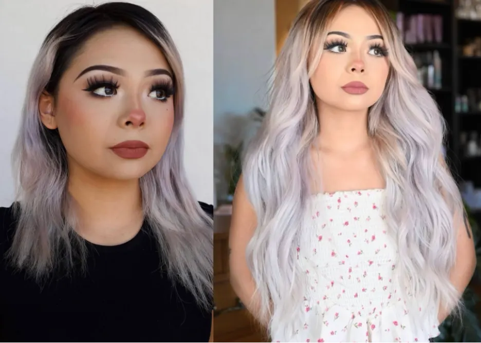Before and after: short silver-lavender hair transformed into long, flowing silver waves